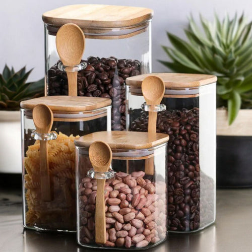 Square Glass Jars Set Storage with Lid and Spoon 800ml