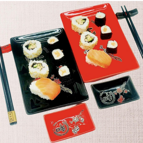 Japanese Sushi Plates - Elegant Porcelain Material, Black and Red Design