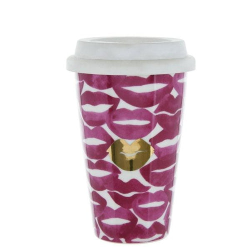 Lips Travel Mug Pink and Gold 15cm - Boxzy