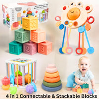 Four-in-one activity set with textured blocks, stacking rings, sun pull-string toy and shape bin