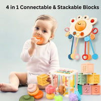 Sensory toy set displayed with blocks and shape-sorting cube