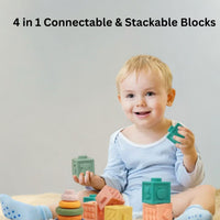 Stacking blocks and activity toys arranged for play