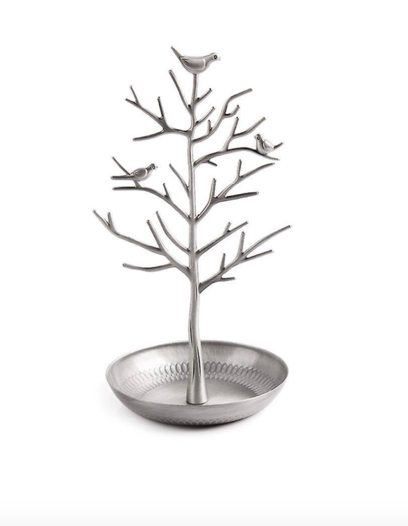 Silver tree jewellery stand with three birds and round tray base