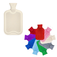 Rubber hot water bottle shown alongside a range of coloured cover examples