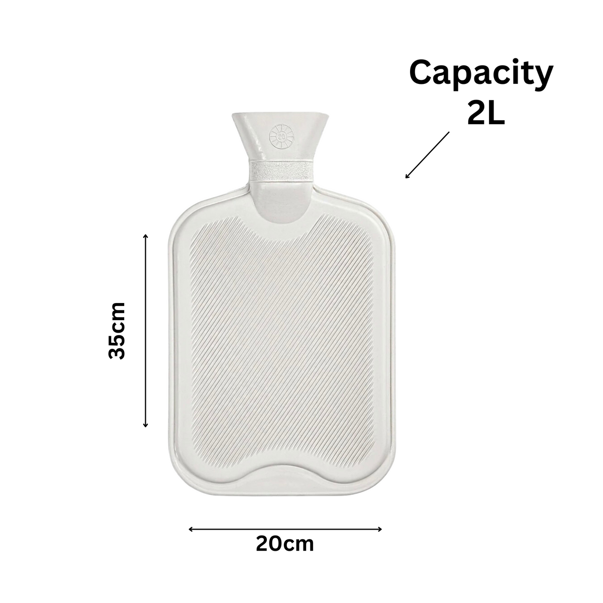 Hot water bottle size diagram showing 2 litre capacity and 20 by 35cm dimensions