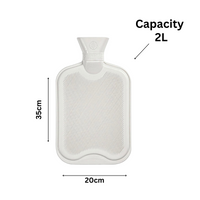 Hot water bottle size diagram showing 2 litre capacity and 20 by 35cm dimensions