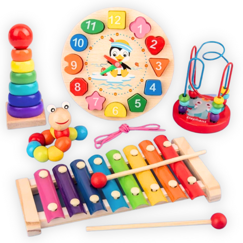 Natural Wood Toys - 5-Piece Montessori Set for Skill Development