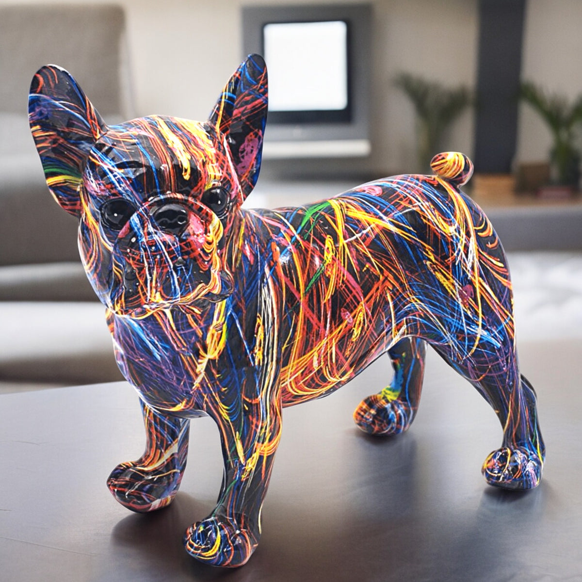 Standing Supernova French Bulldog ornament with bright multicoloured paint-splash finish