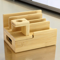 Bamboo device charging organiser with slotted top and raised watch stand