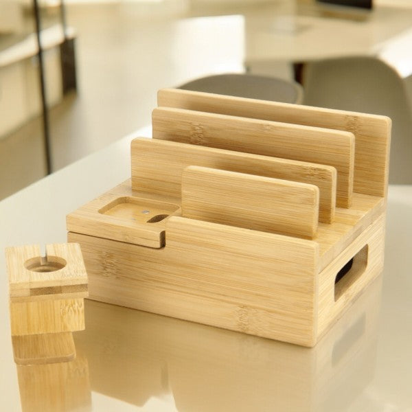 Bamboo organiser with its watch stand removed and placed beside the base