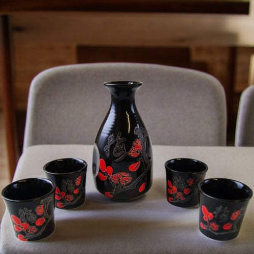 Black Floral Sake Serving Set