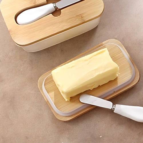 Ceramic Butter Dish with Wooden Lid and Multi-Functional Butter Knife