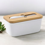 Ceramic Butter Dish with Wooden Lid and Multi-Functional Butter Knife