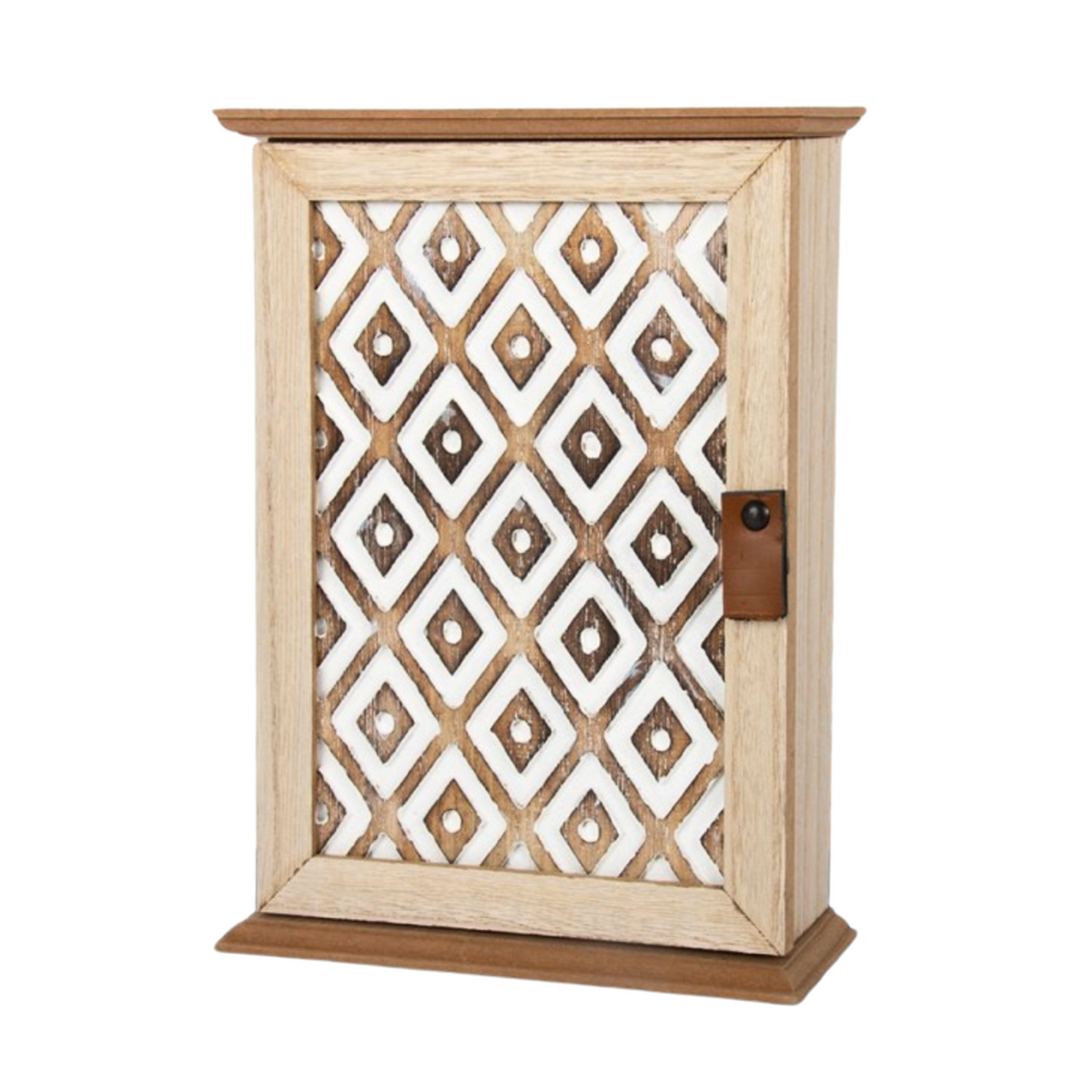 Wooden key cabinet with a white carved geometric door pattern and small dark handle