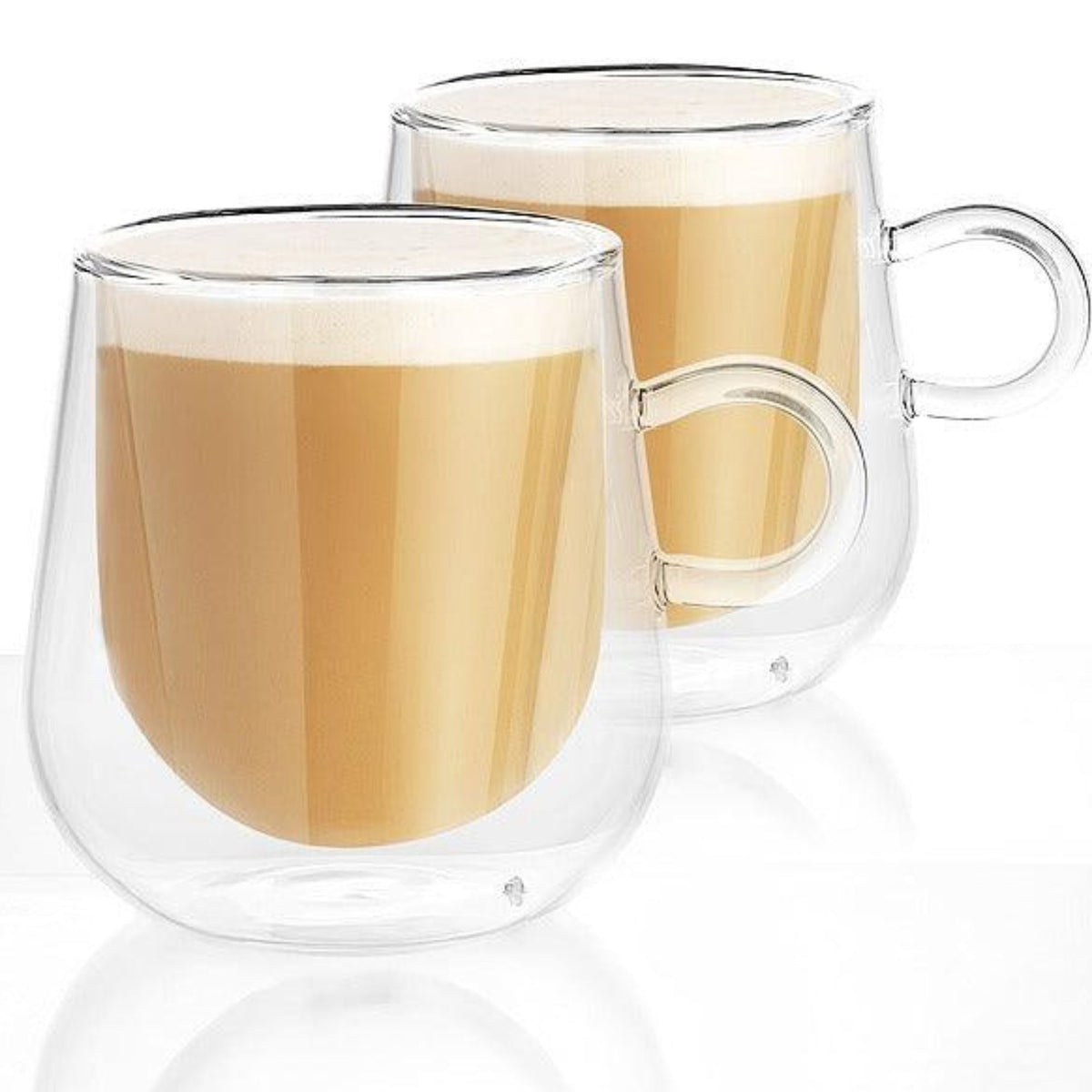 Pair of handled glass mugs filled with coffee