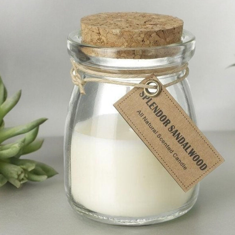 Splendor Sandalwood glass jar candle with cork lid and tied paper label beside foliage