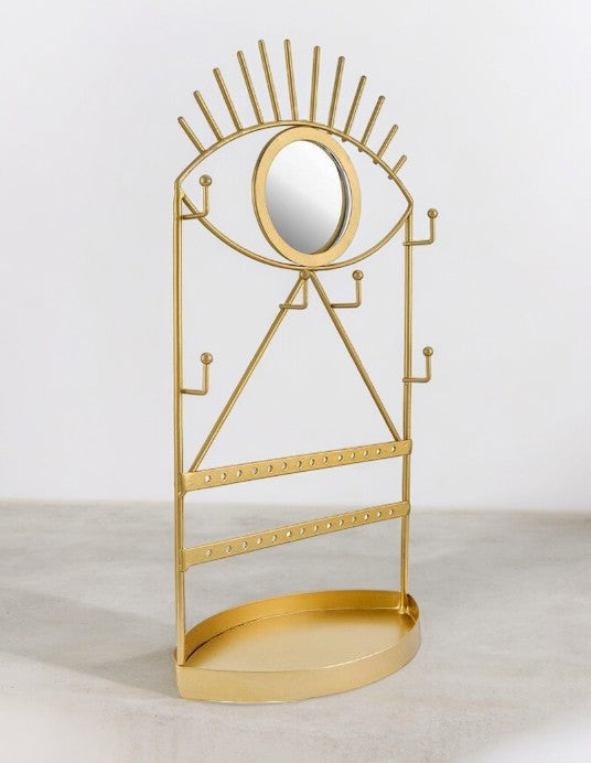 Angled view of the gold eye jewellery stand showing side hooks