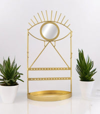 Eye See You gold jewellery stand with round mirror, earring bars and oval tray