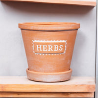 Terracotta pot with white HERBS lettering and matching saucer