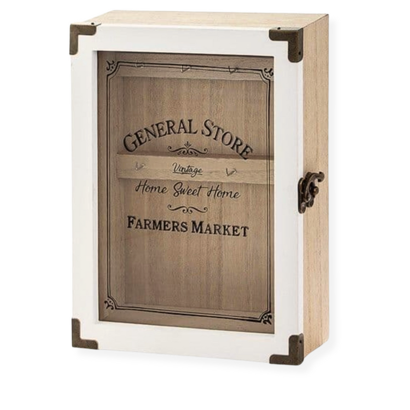 Vintage-style wooden wall key box with General Store lettering and dark metal corner details