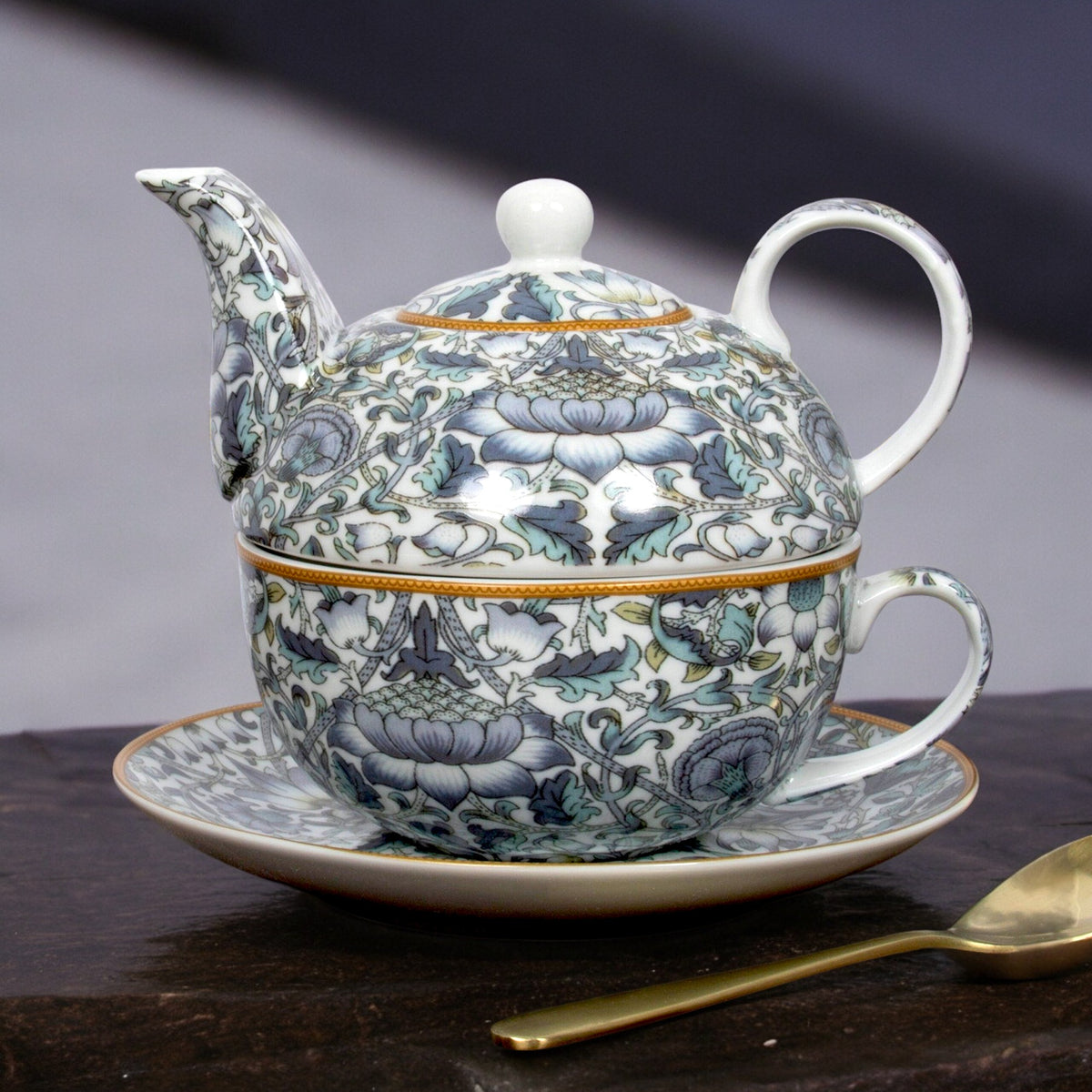 William Morris Lodden tea-for-one set stacked on its matching floral saucer