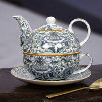William Morris Lodden tea-for-one set stacked on its matching floral saucer