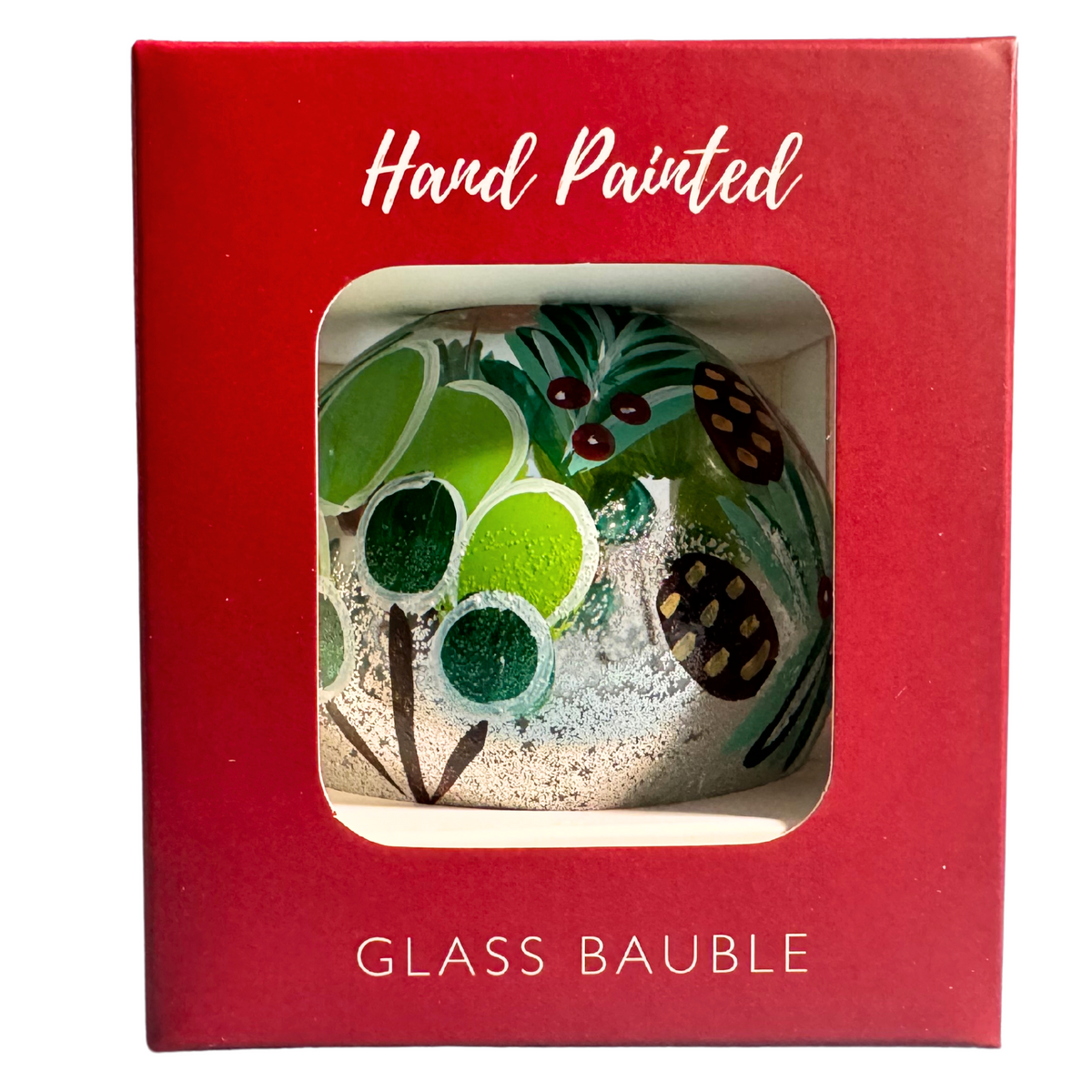 Green botanical glass bauble in its hand-painted presentation box