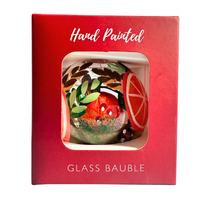 Orange-design hand-painted glass bauble in a red window box
