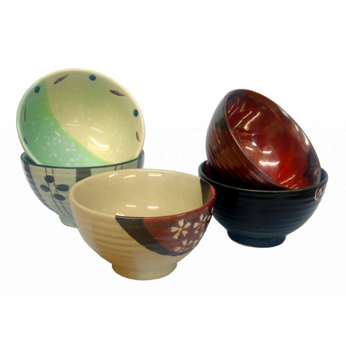 Set of 5 Traditional Japanese Eclectic Patterned Soup Bowls with Unique Designs and Colors in a Black Presentation Box