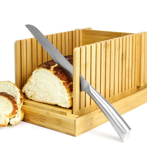Bamboo Bread Slicer in use, effortlessly slicing bread to the perfect thickness with its 3 different width settings.