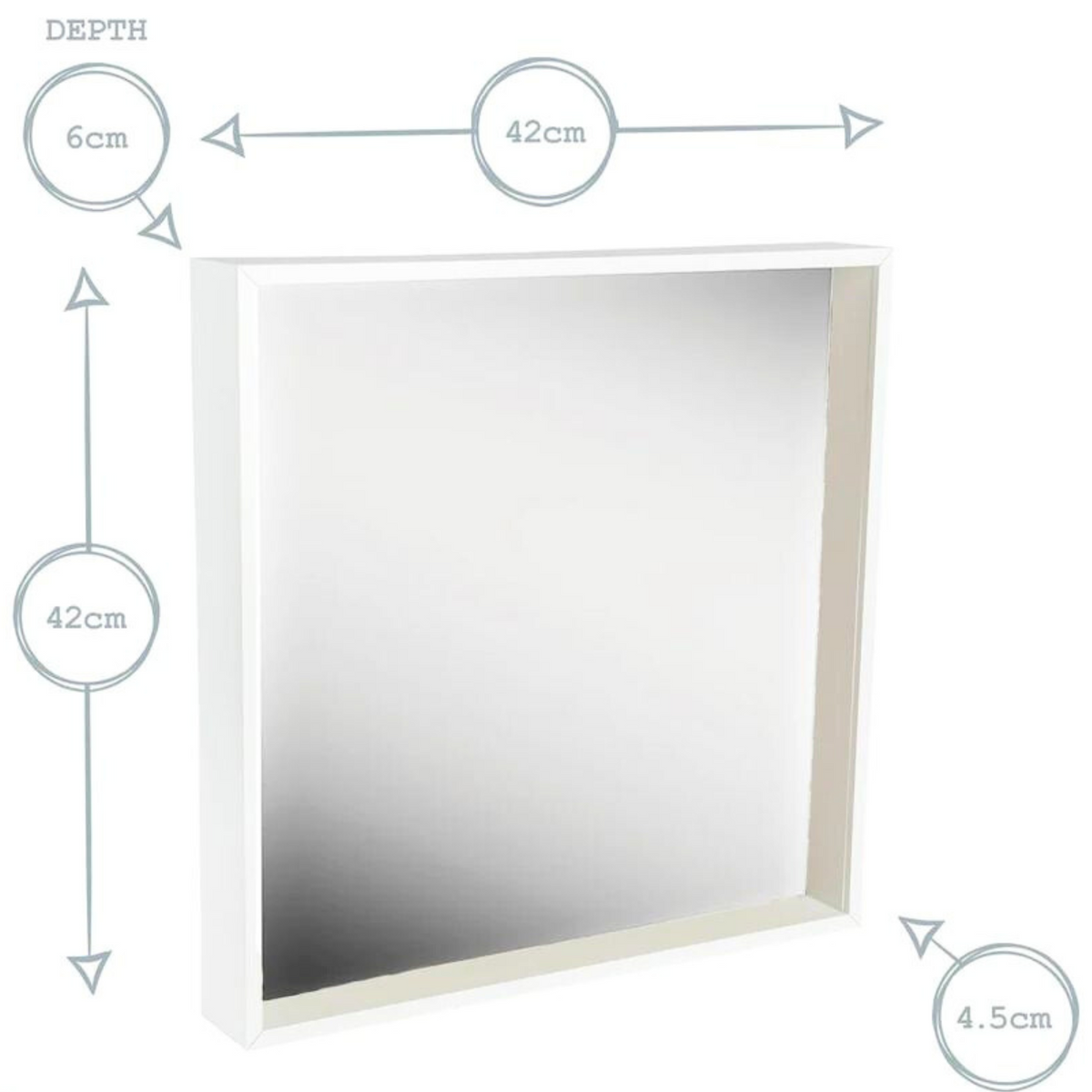 White mirror size diagram showing 42cm width and height and 6cm depth
