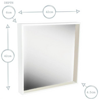 White mirror size diagram showing 42cm width and height and 6cm depth