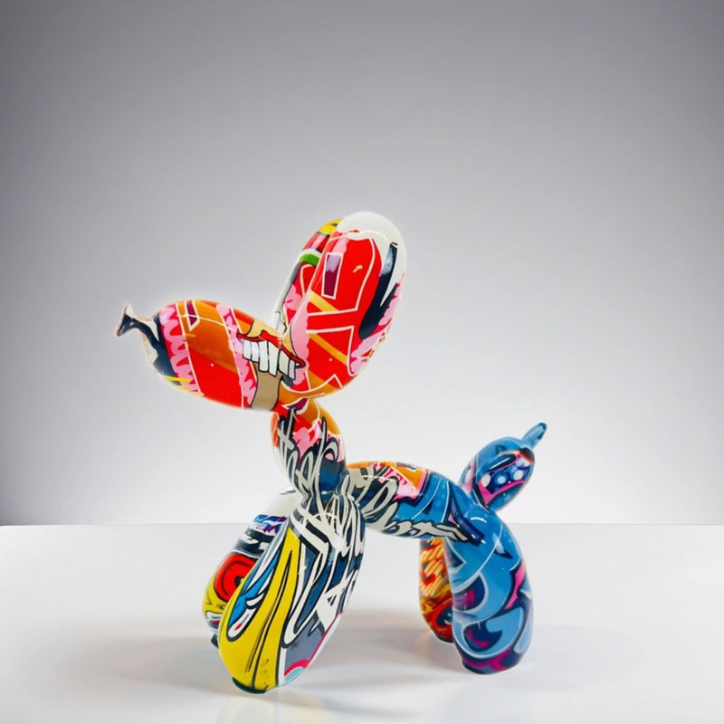 Colourful graffiti balloon dog ornament with rounded balloon-animal ears and legs