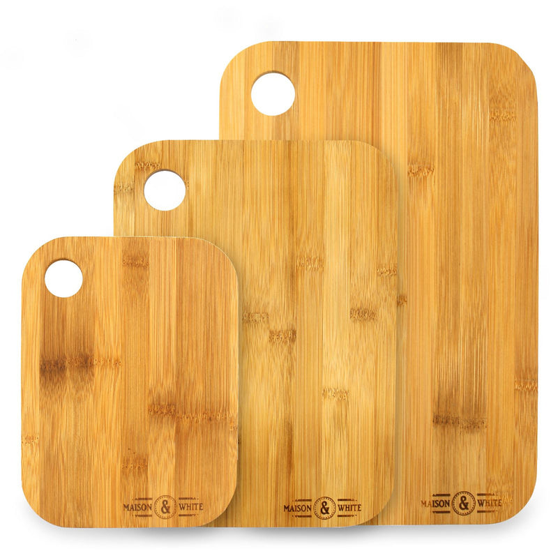 Three bamboo chopping boards in small, medium and large sizes