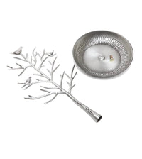 Silver-coloured jewellery tree and separate base tray showing the fixing components