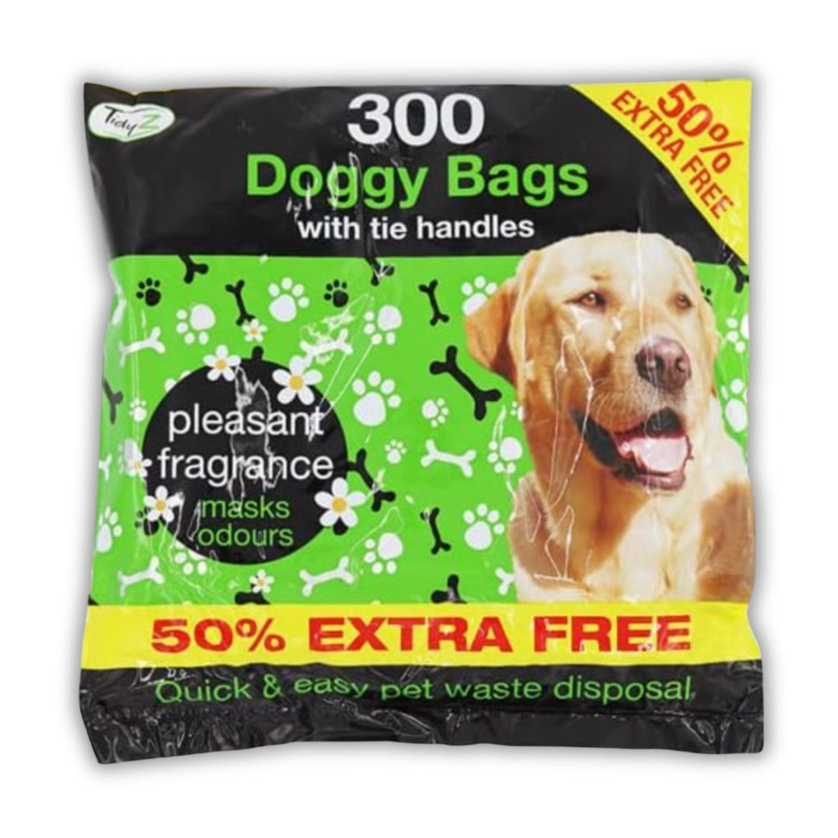 Pack of 300 scented doggy bags with tie handles; larger quantities are selected separately