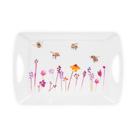 Large white Busy Bees melamine serving tray with handles and a colourful wildflower border