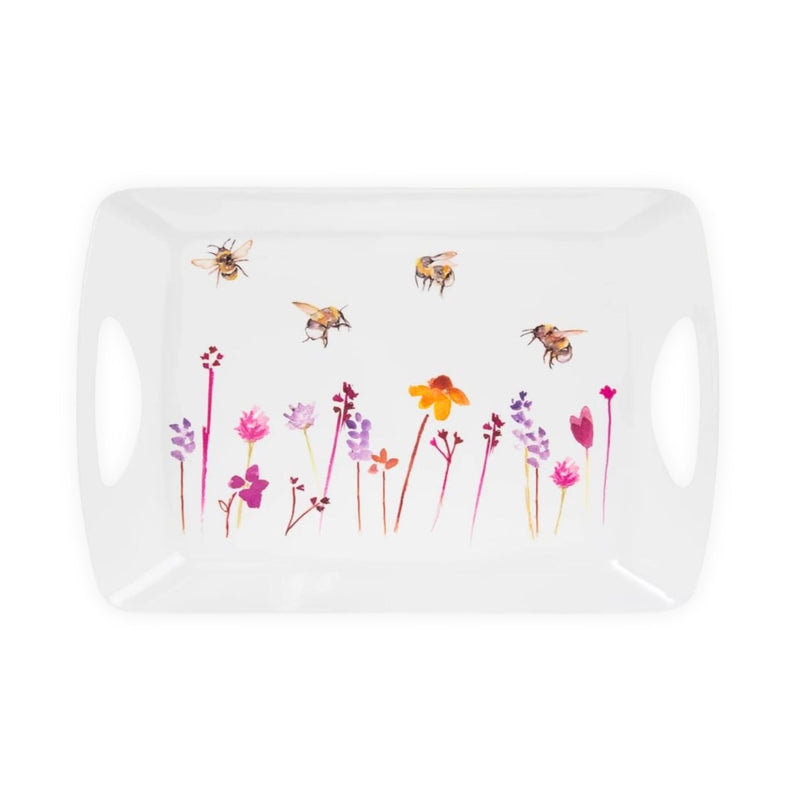 Large white Busy Bees melamine serving tray with handles and a colourful wildflower border