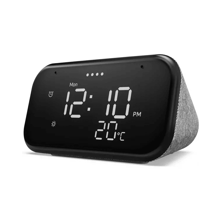 Lenovo Smart Clock Essential with grey fabric body and black LED time display