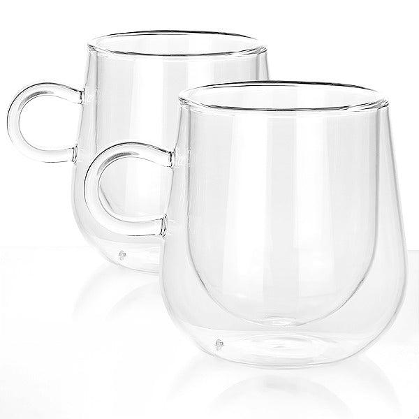 Two empty clear double-walled coffee mugs with handles