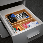 Bamboo Drawer Organisers for kitchen storage, holding spices, tea bags, and coffee pods in a drawer for easy access
