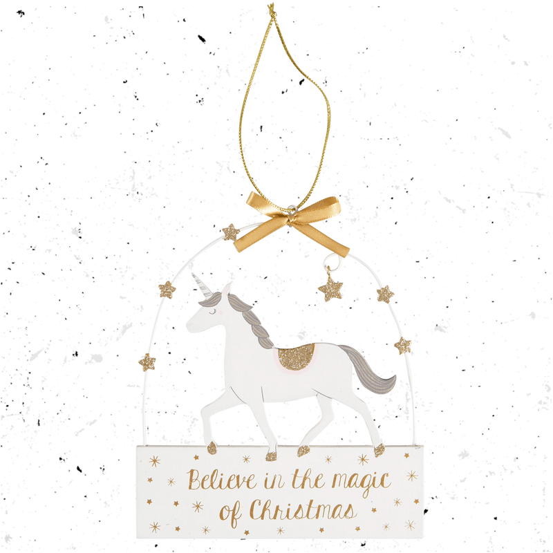 White unicorn hanging plaque with gold stars, bow and Believe in the magic of Christmas wording