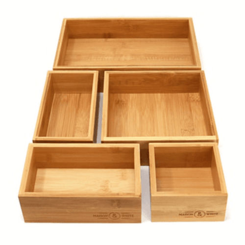 Bamboo Drawer Organisers for office supplies, keeping pens, paperclips, and other small items neatly organised in a desk drawer