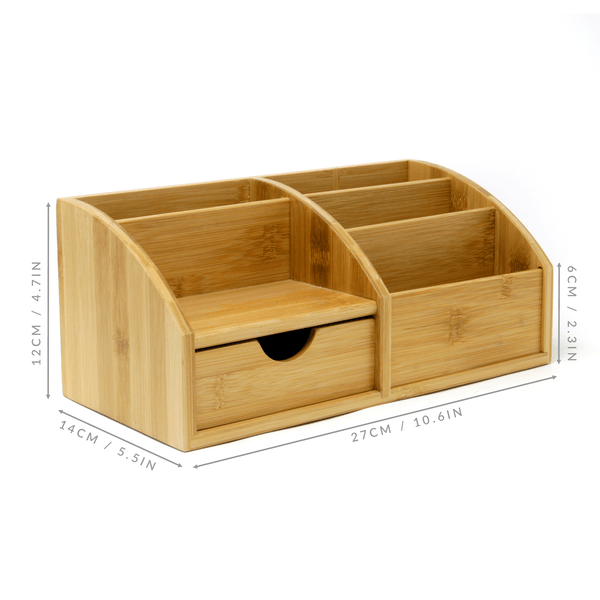 Empty bamboo desk organiser with dimension arrows and drawer closed