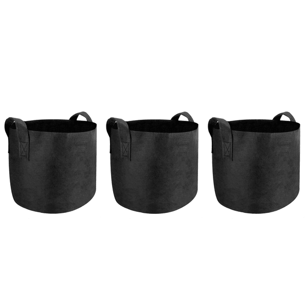 Set of three black fabric plant grow bags with handles