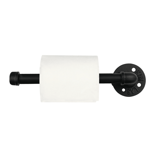 Black iron pipe toilet roll holder with a toilet roll fitted