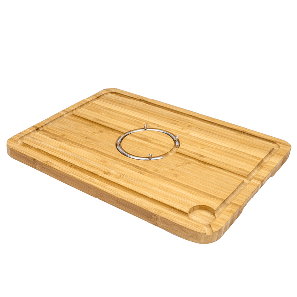 Bamboo carving board with central metal spike ring and juice groove