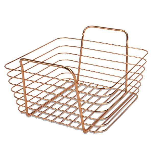 Small square rose gold wire storage basket with two handles