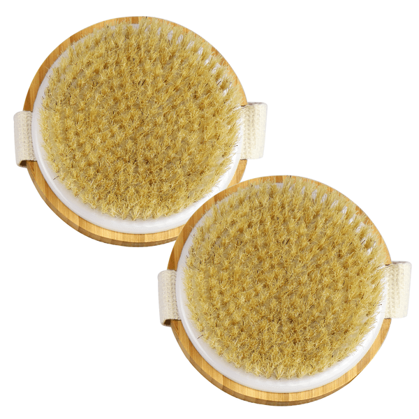 Pair of round bamboo-backed body brushes with pale bristles