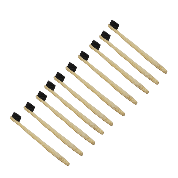 Ten bamboo-handled toothbrushes with dark bristles arranged on a white background